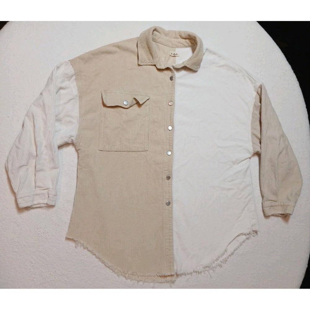 POL Corduroy Shacket Womens M Colorblock Raw Hem Oversized Jacket Cream Beige